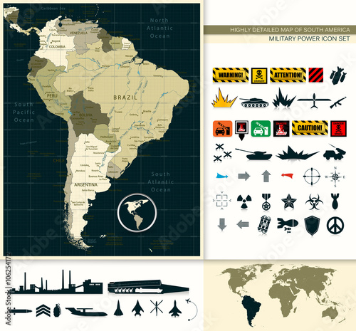 Map Of South America and Military Power Icon Set