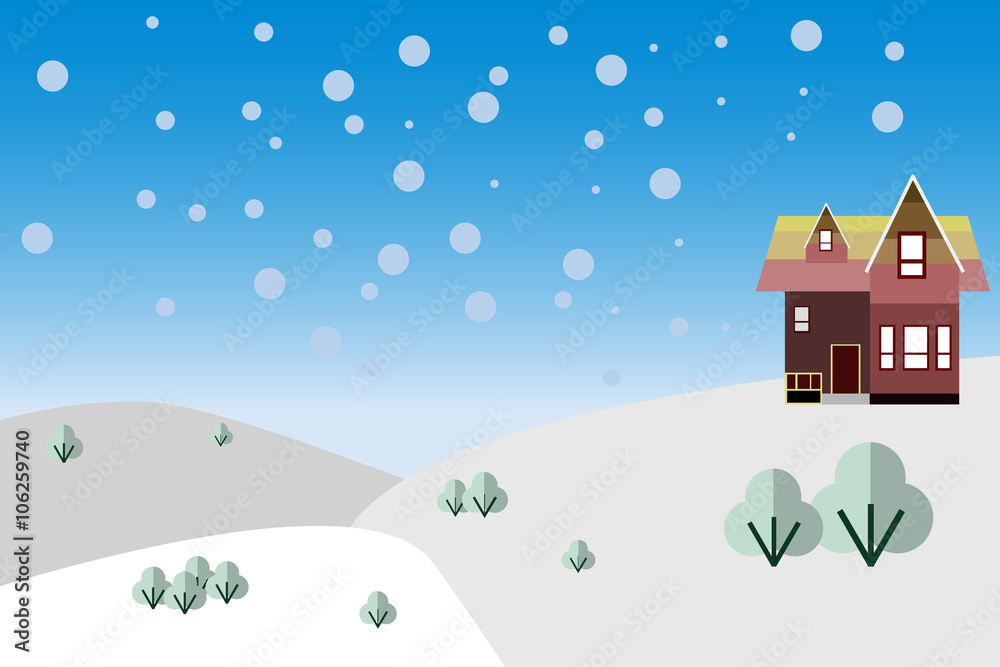 Wooden hut in the snow, nature, flat illustration 