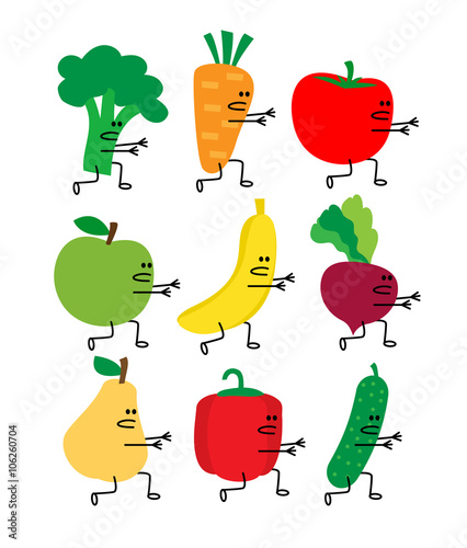 running cartoon vegetables and fruits with arms and legs. broccoli carrot tomato apple banana beet pear pepper cucumber isolated on white background.healthy food