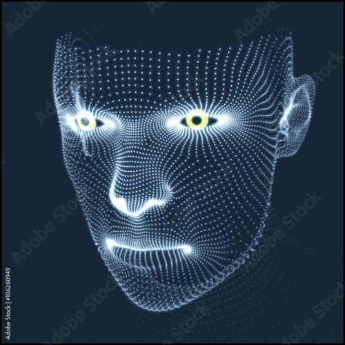 Head of the Person from a 3d Grid. Human Head Model. Face Scanning. View of Human Head. 3D Geometric Face Design. 3d Covering Skin. Geometry Man Portrait. Can be used for Avatar, Science, Technology