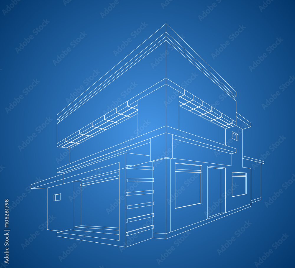 Modern house wireframe scene vector on a blue background Modern house wireframe scene vector on a blue background