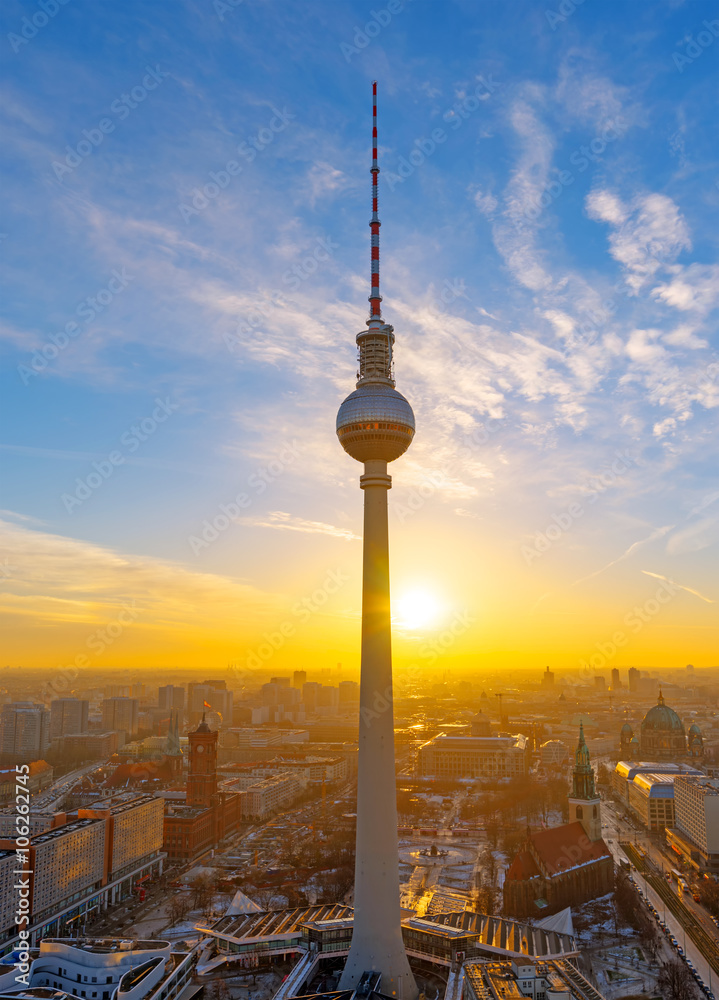 Lovely sunset at the Television Tower in Berlin, Germany