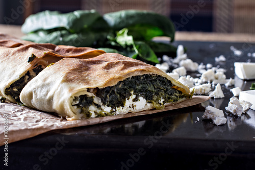 Pie or strudel with spinach and feta cheese