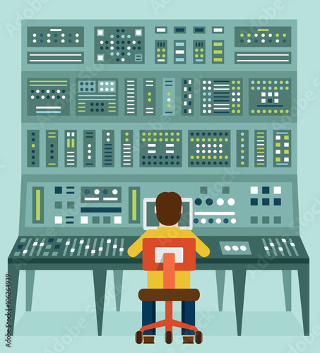 Flat illustration of expert with control panel. Analytics and management