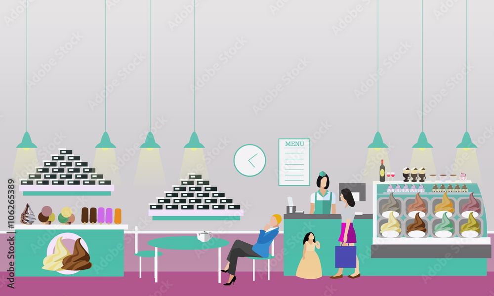 Ice cream cafe interior vector illustration. Design of coffee shop