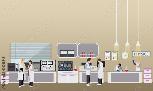 Scientist working in laboratory vector illustration. Science lab interior. Physics education concept. Male and female engineers making research experiments