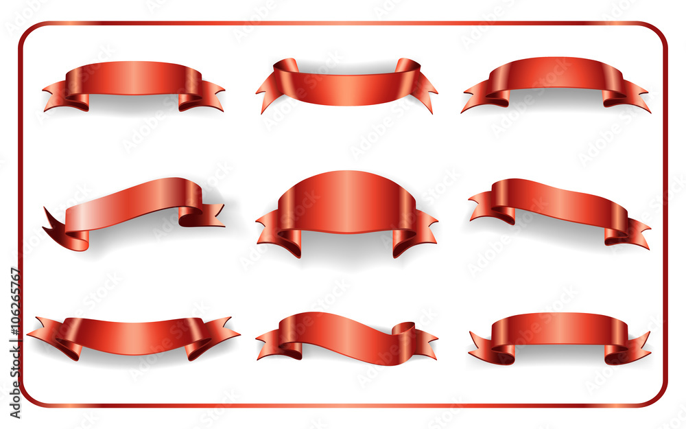 Red ribbons set. Satin blank banners collection. Design label scroll blanks element, isolated on white background.  Empty template for greeting or advertising. Symbols decoration. Vector illustration.