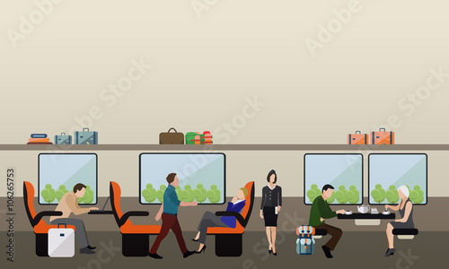 Passengers public transport concept vector banner. People in train. Subway and rail interior