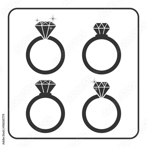 Diamond engagement ring icons set. Shiny crystal signs. Black circle silhouette isolated on white background. Flat fashion design element. Symbol engagement, gift, jewel, expensive Vector Illustration