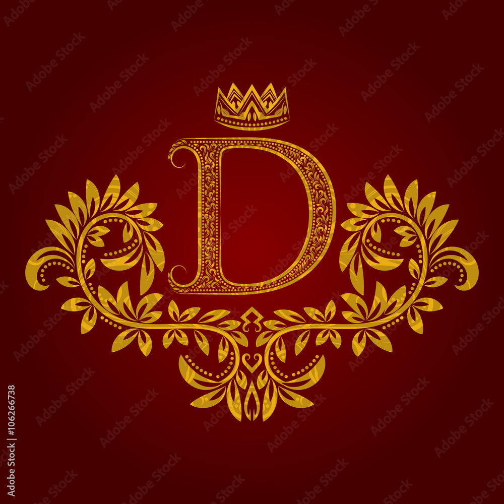 Patterned golden letter D monogram in vintage style. Heraldic coat of arms. Baroque logo template.