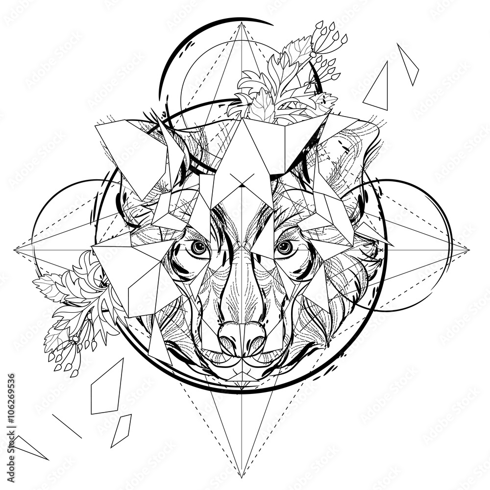 Fototapeta premium Animal head triangular icon , geometric trendy line design. Vector illustration ready for tattoo or coloring book. Wolf head low-poly sketch.