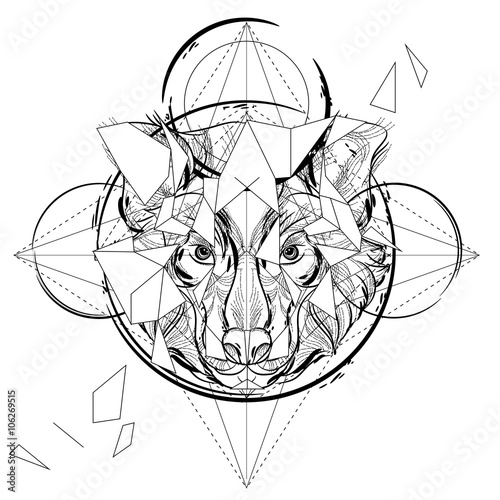 Animal head triangular icon , geometric trendy line design. Vector illustration ready for tattoo or coloring book. Wolf head low-poly sketch.