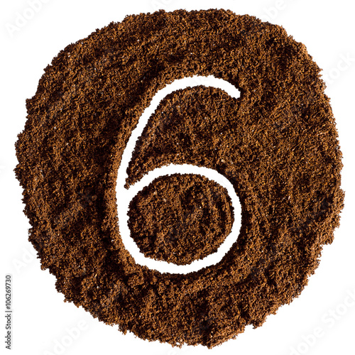 6, Number From Ground Coffee On a White Background