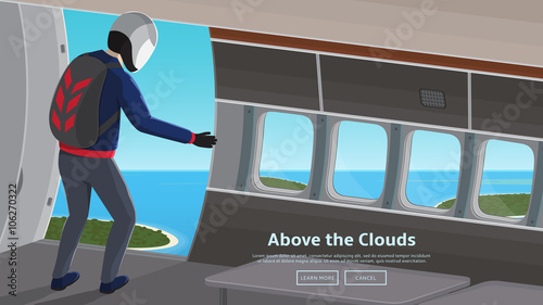 Parachutist jumping out of an plane. Flat vector web banner on the topic of extreme sport, skydiving vector background in modern flat design style.