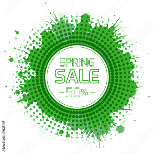 Banner for the spring sale with green splashes and halftones. Vector element for your design