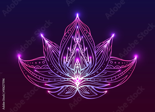 Outline Lotus with boho pattern and bright spark. Vector element for spa centers, yoga studios. Hand drawn. Doodle elements for your design