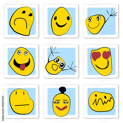 set of vector cute cartoon style yellow smiles with different emotions.Childlike drawing on blue and white paper stickers