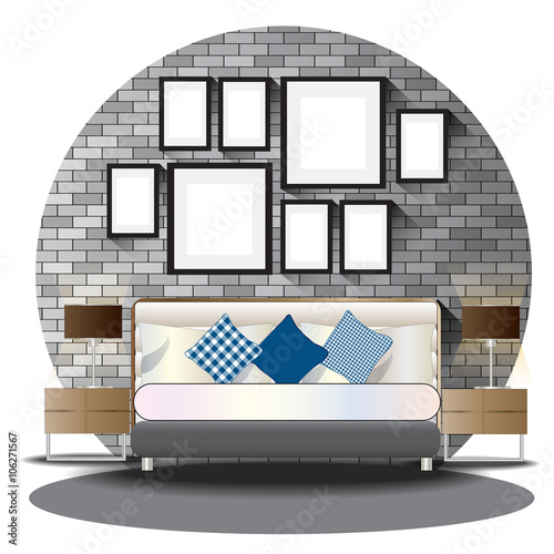 Bed room elevation set with brick background for interior,vector illustration