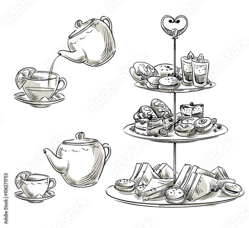 Set of snacks on a tray. Teatime. Vector sketch.