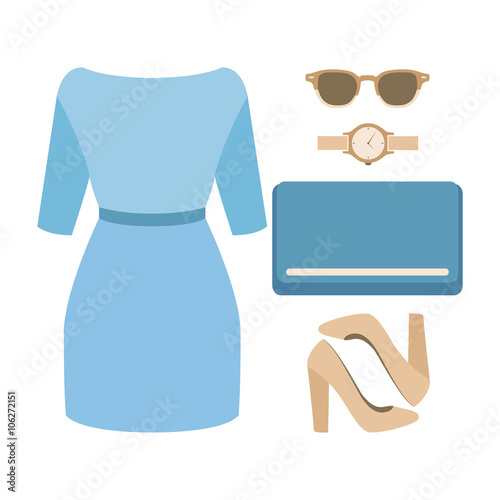 Set of trendy women's clothes with woman dress and accessories. Vector illustration