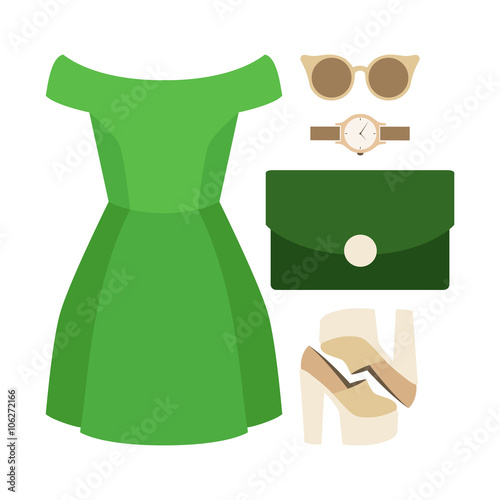 Set of trendy women's clothes with woman dress and accessories. Vector illustration