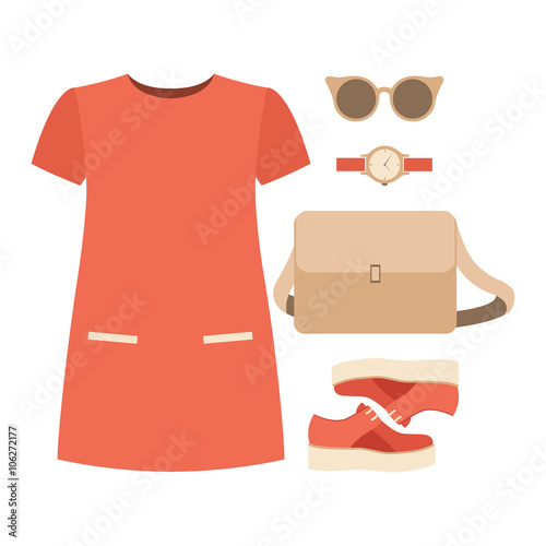 Set of trendy women's clothes with woman dress and accessories. Vector illustration
