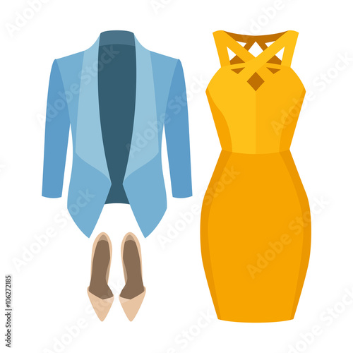 Set of trendy women's clothes with woman jacket, dress and accessories. Vector illustration