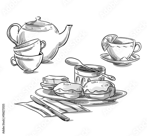 Tea serving. Tea and scones. Vector sketch photo