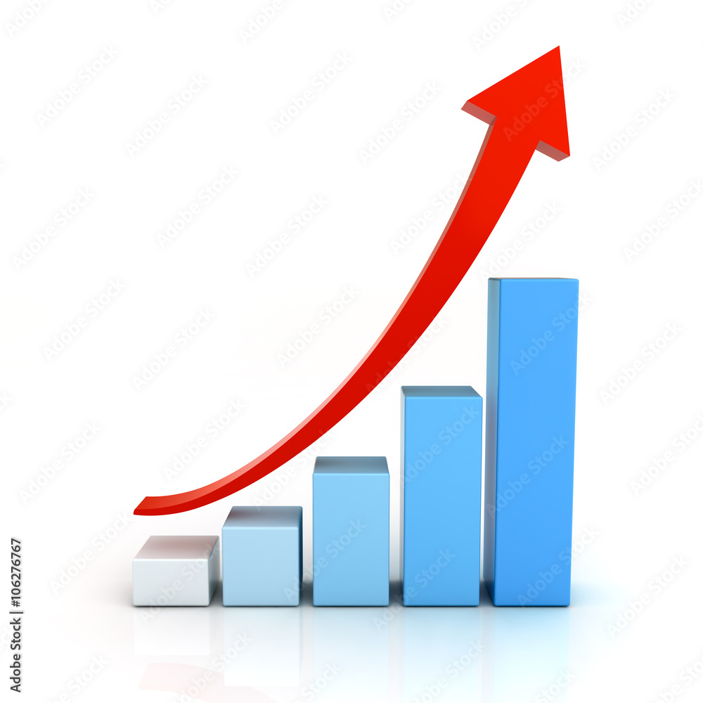 Business graph chart with red rising arrow isolated over white background with reflection Business graph chart with red rising arrow isolated over white background with reflection