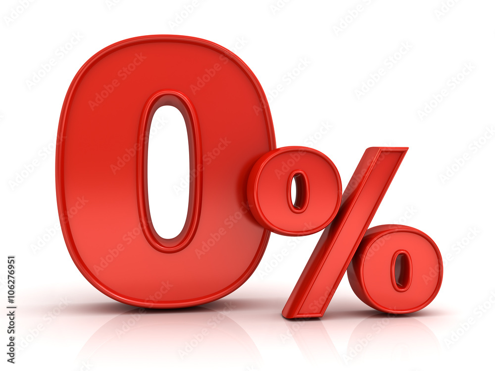 Red zero percent or 0 % isolated over white background with reflection Red zero percent or 0 % isolated over white background with reflection