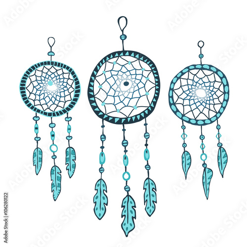 Hand drow Dreamcatcher, feathers and beads. Native american indian dream catcher, traditional symbol. Illustration for design, pattern, textiles