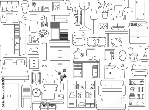 Seamless pattern with icons for Interior. Thin line in black and white colors.