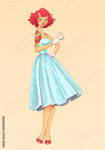 Vintage style Fashion illustration. Pin-up girl wearing a cyan dress.