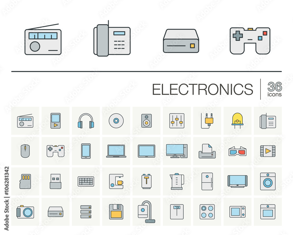 Vector thin line icons set and graphic design elements. Illustration with electronics, multimedia and technology outline symbols. Music, film, phones, joystick, video, kitchen gadgets linear pictogram