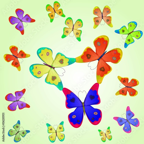 Set multicolored butterfly on a light green background