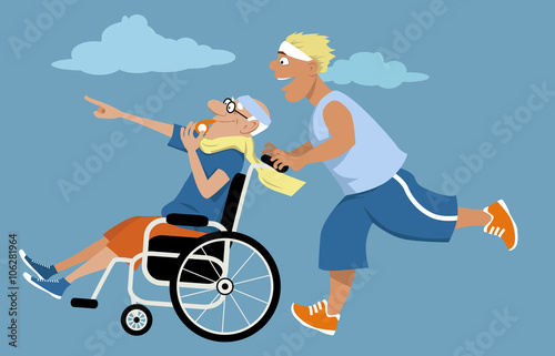 Young man running and pushing an elderly man in a wheelchair in front of himself, EPS 8 vector illustration, no transparencies