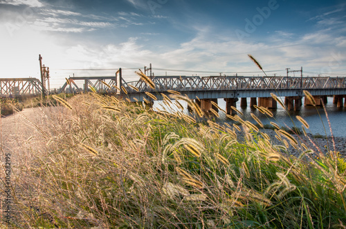 Grass field in the sunset with river and railway in the backgrou photo