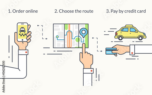 Infographic flat line illustration of mobile app for ordering taxi. Contour human hand holds in his hand smartphone and booking taxi, choosing the route and doing payment by credit card. 
