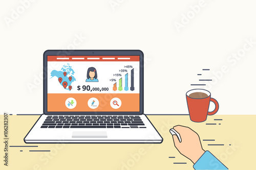 Designer or programmer is sitting in the office and developing the website displayed on his laptop. Flat line contour illustration of online developing and testing websites