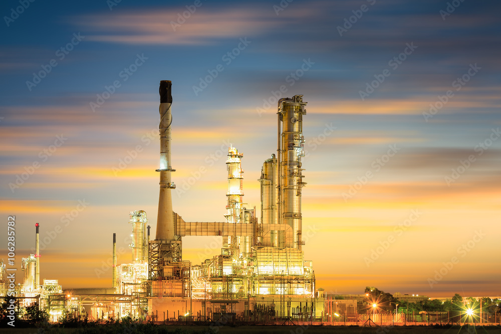 Obraz premium Oil gas refinery plant. May called petroleum, production or petrochemical plant. Industrial factory construction from engineering technology with steel pipe, pipeline, tank. Business for power energy.