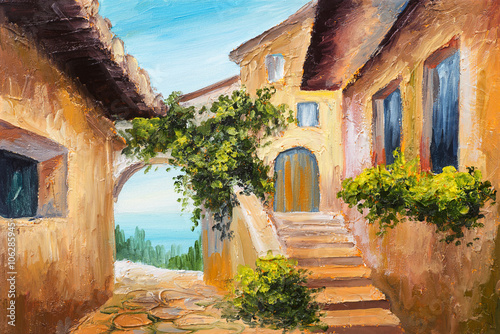 oil painting - house near the sea, colorful flowers, summer seas