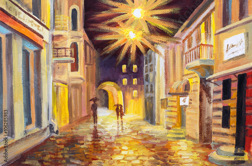 Oil painting of autumn street