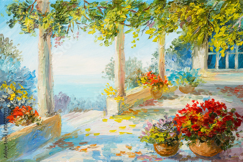 Fototapeta Naklejka Na Ścianę i Meble -  Oil painting landscape - terrace near the sea, flowers