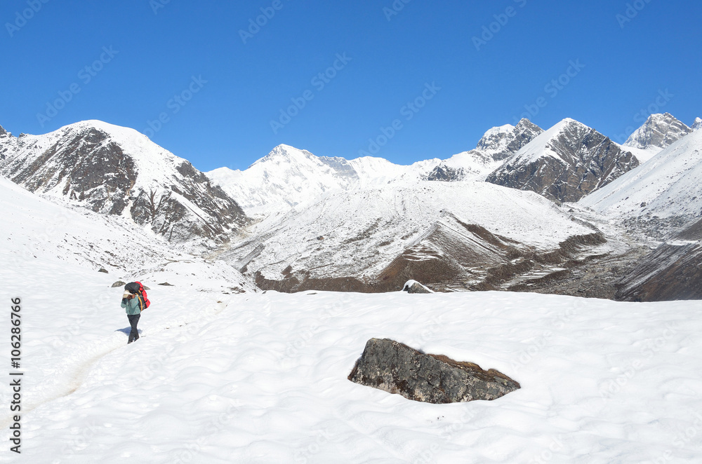 Непал, портер в Гималаях с грузом