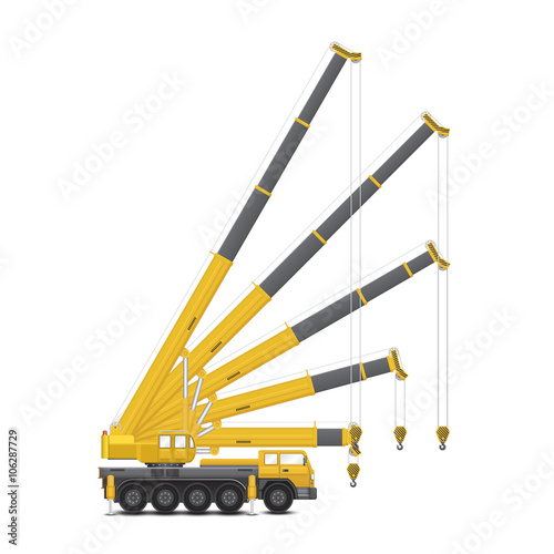Mobile crane vector design. Separate layer for each angle. Industrial machine equipment or vehicle with hoist, hook, rope and hydraulic telescopic boom for lifting heavy load in construction site.