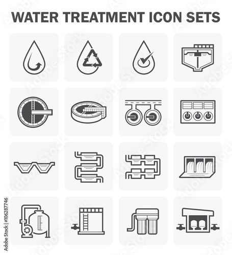 Water treatment icon and process, That removes contaminants and undesirable components to improves the quality of water appropriate for end-use such as drinking or water supply, Vector icon design.