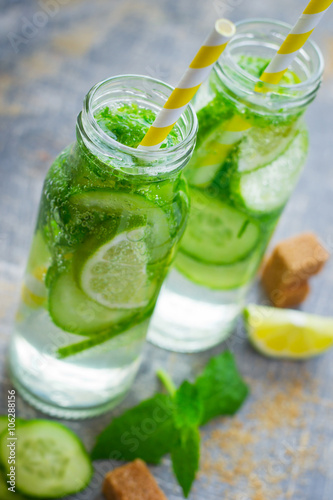 Mint, lime and cucumber detox drink, selective focus