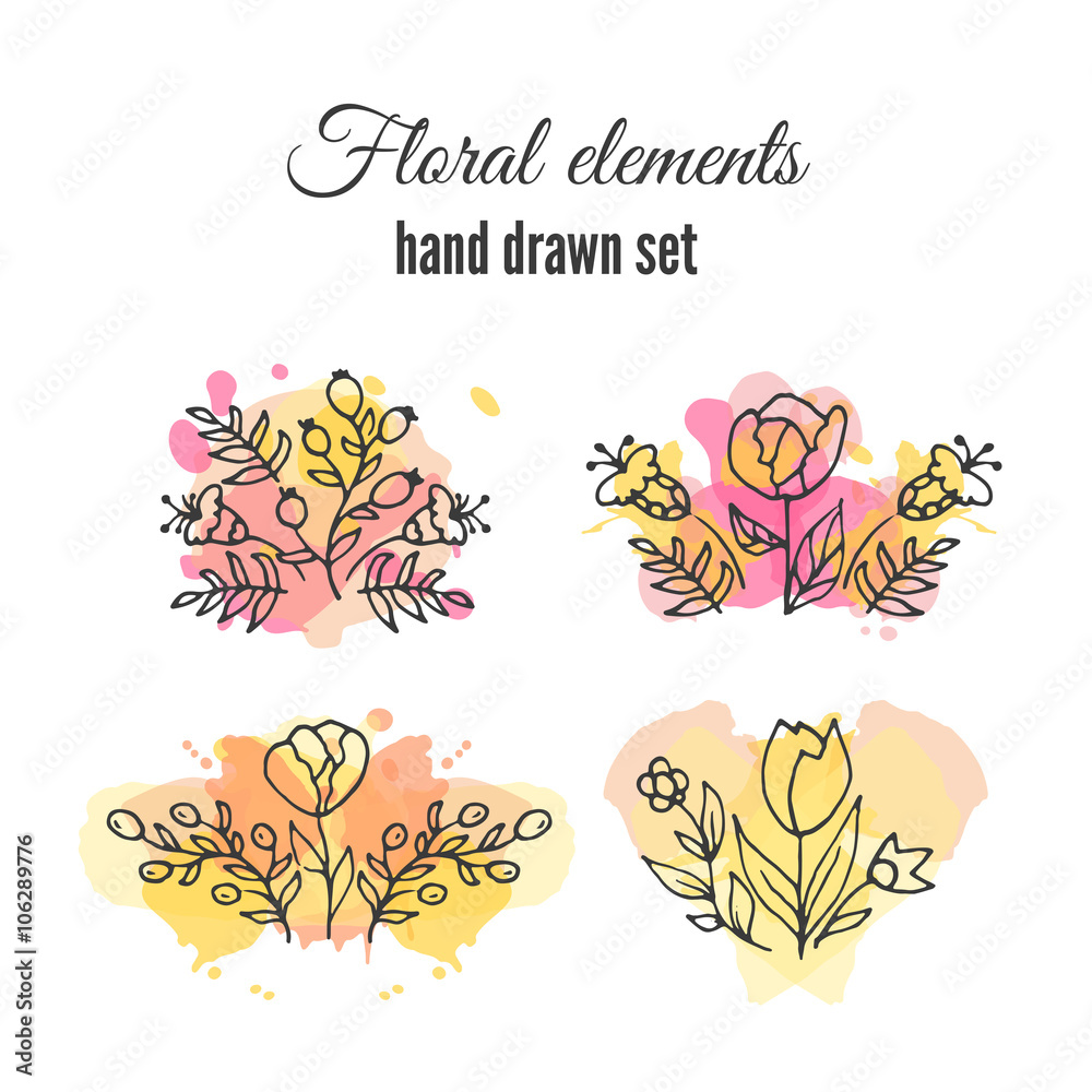 Fototapeta premium Vector floral decorative set. Colorful splashes under flower. 