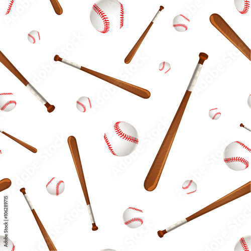 Baseball bats and balls on white, seamless pattern