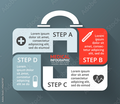 Vector circle plus sign medicine chest healthcare infographic, diagram, graph, presentation, chart. Concept with 4 options, parts, steps, processes. Doctor or hospital logo.